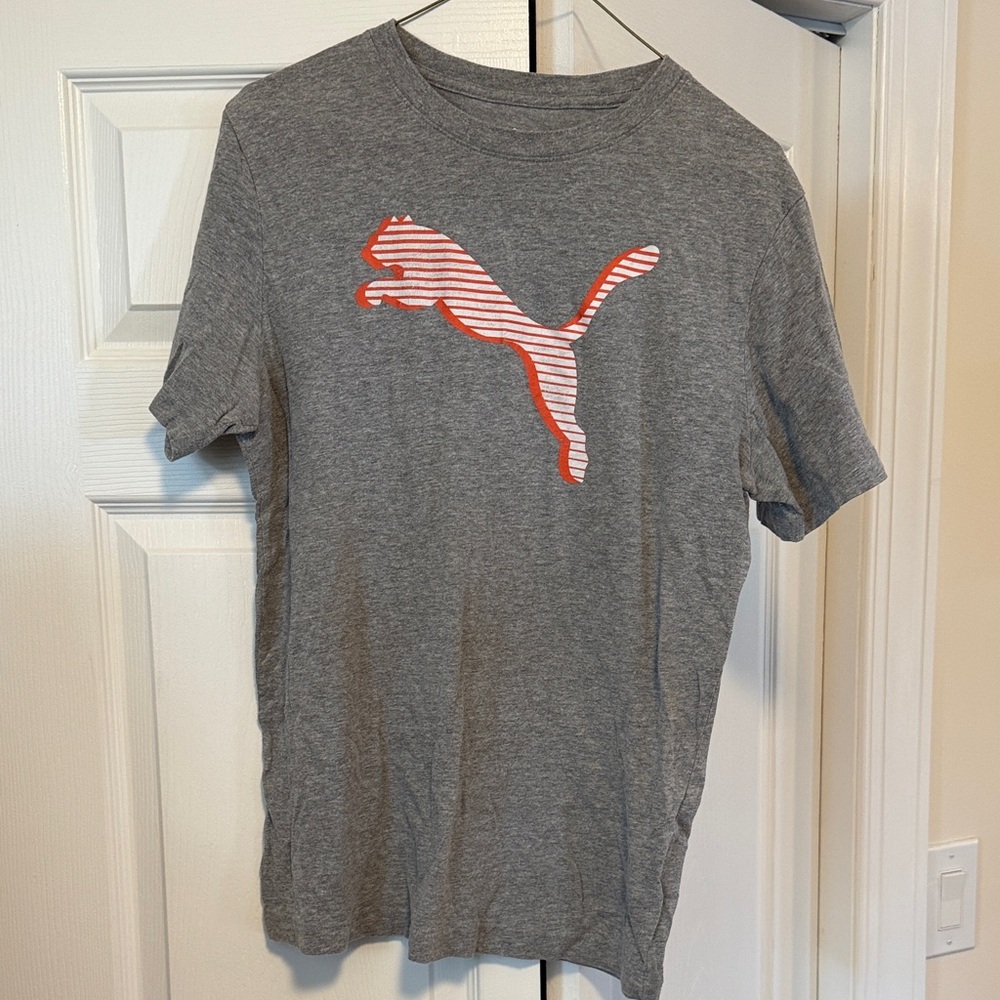 Puma Men's Heather Gray Tee with Striped Orange Logo Size S